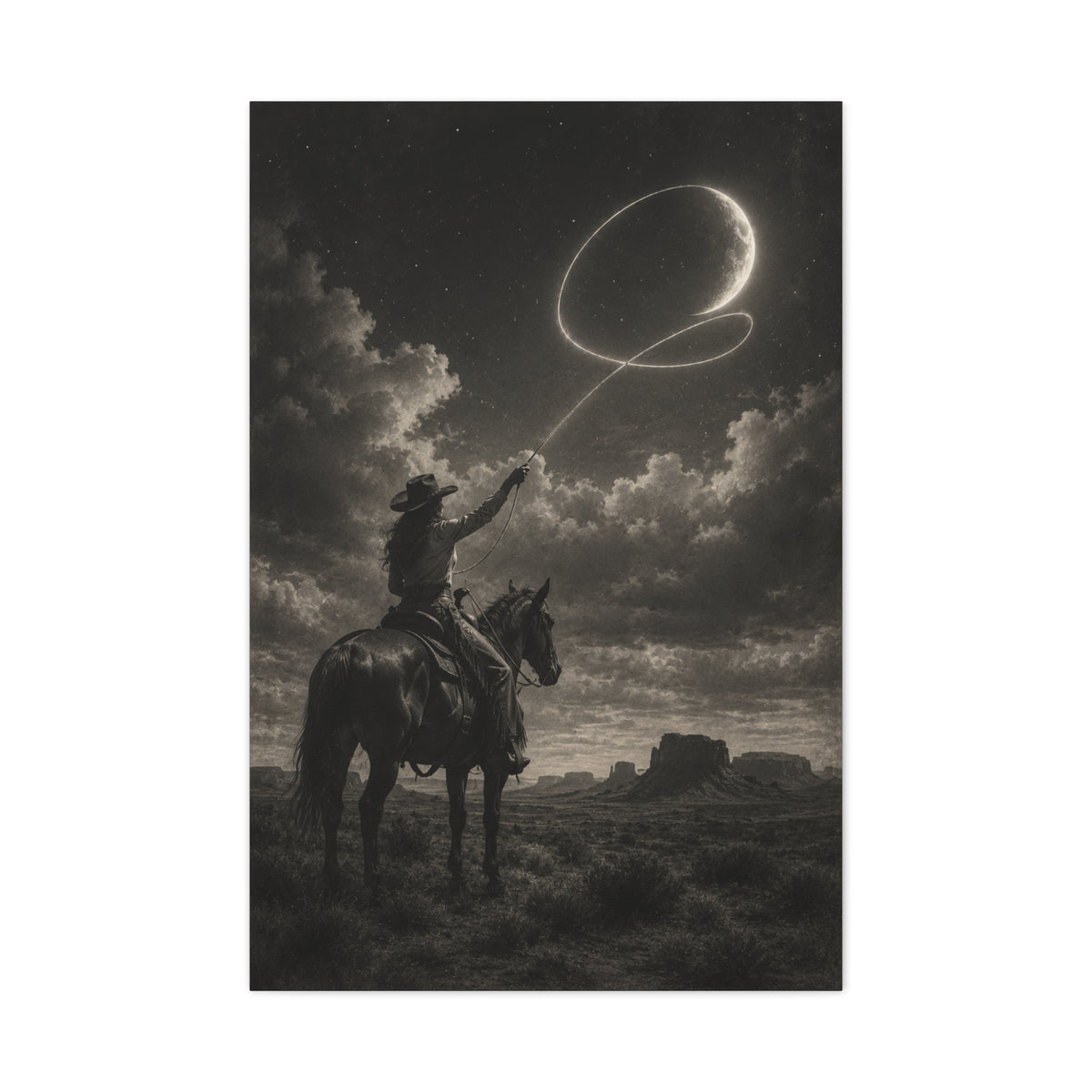 Cowgirl Moon Lasso Silhouette Scene Wall Art & Canvas Print