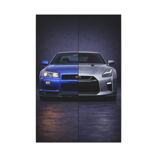 Nissan GT R Split R34 Skyline vs R35 Evolution Wall Art & Canvas Prints