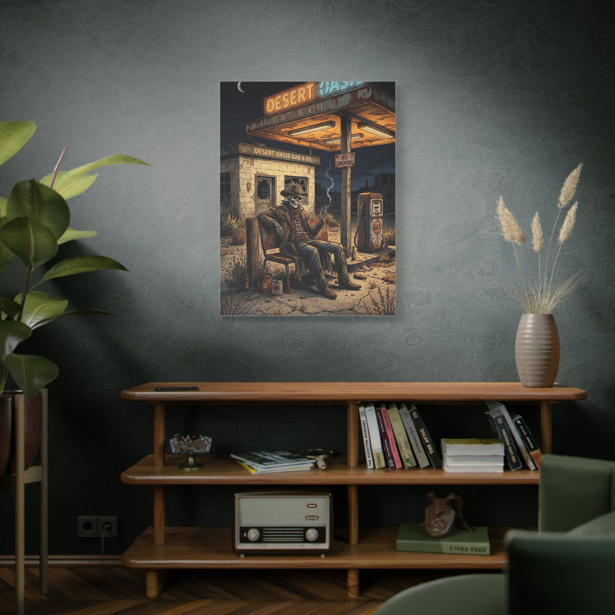 Desert Oasis Skeleton Cowboy Scene Wall Art & Canvas Print