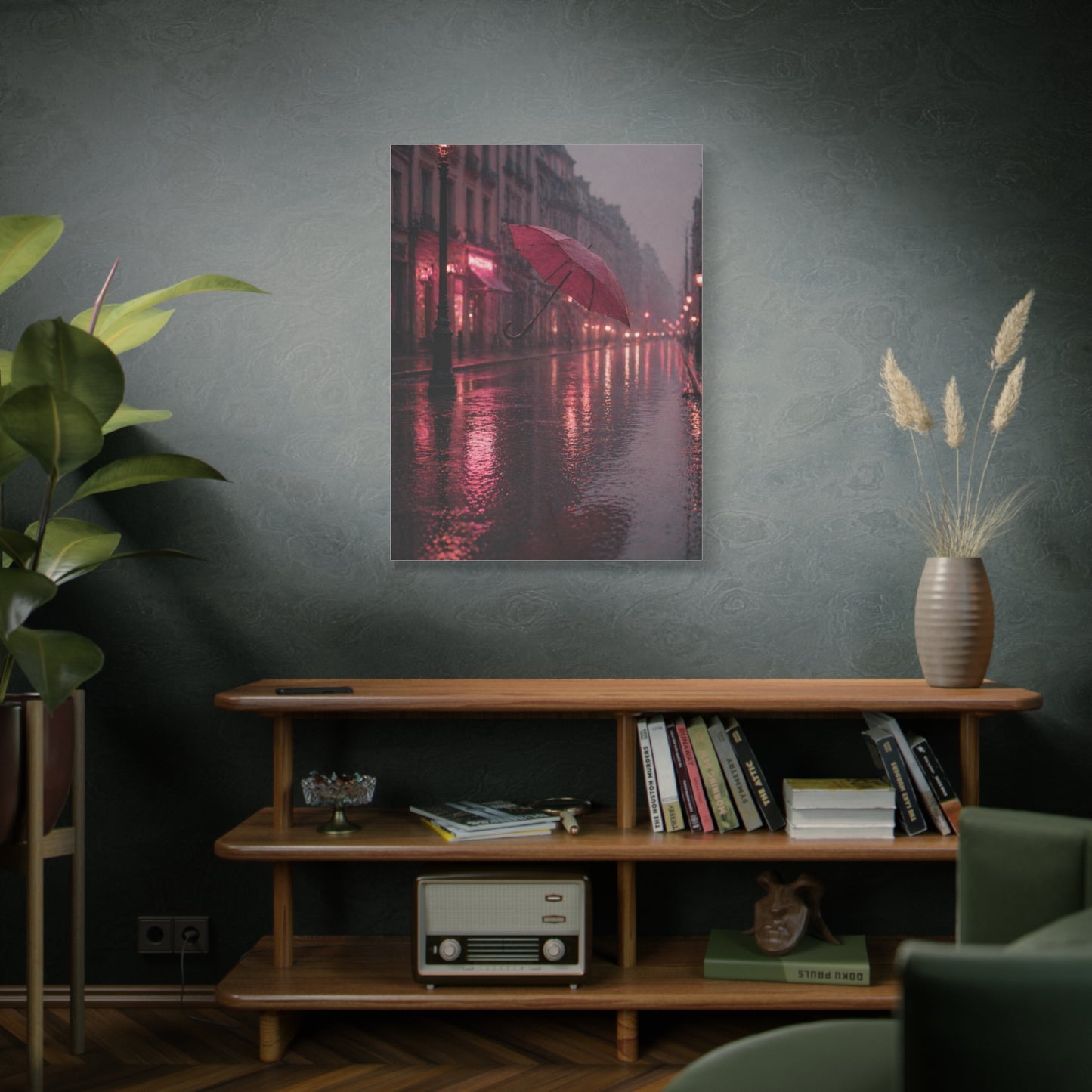 Romantic Pink Rain Street Reflection Wall Art & Canvas Print