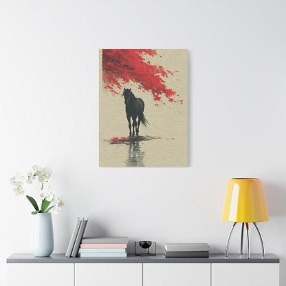 Minimal Horse Silhouette Under Red Maple Wall Art & Canvas Print