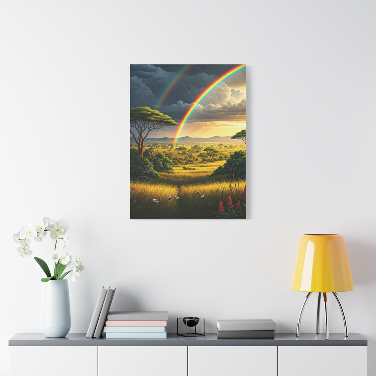 Rainbow Over African Savannah Landscape Wall Art & Canvas Prints