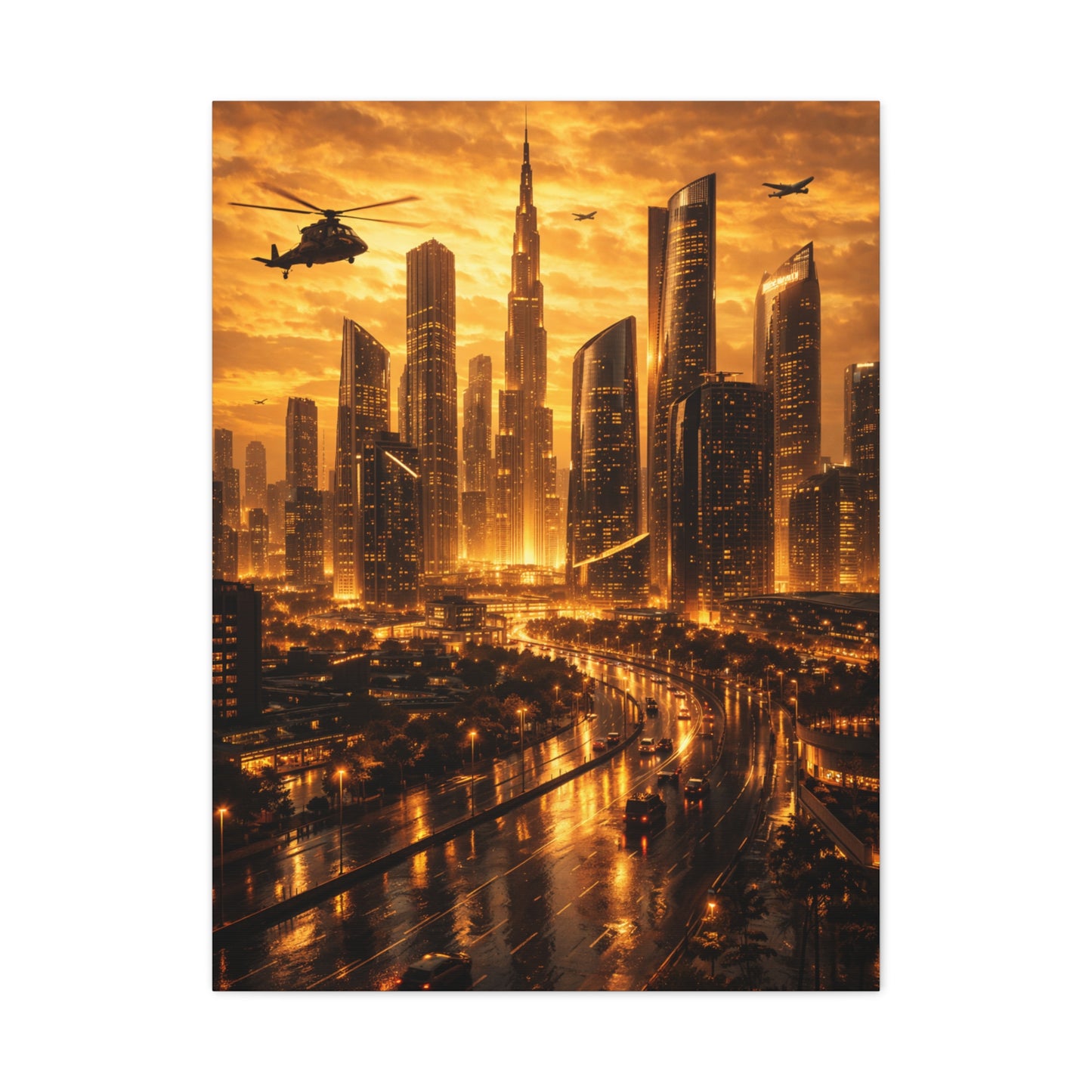 Golden Futuristic Cityscape Wall Art & Canvas Print