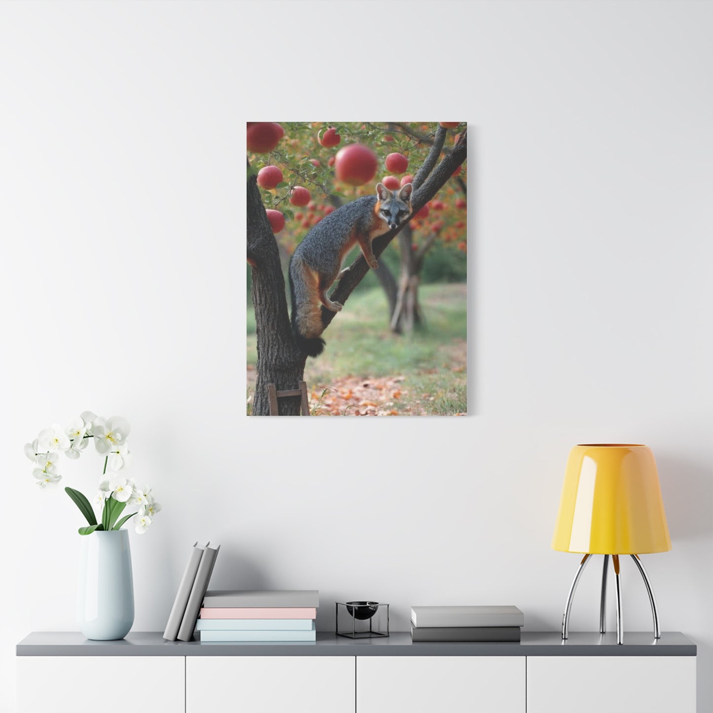 Orchard Gray Fox Climbing Apple Tree Wall Art & Canvas Print