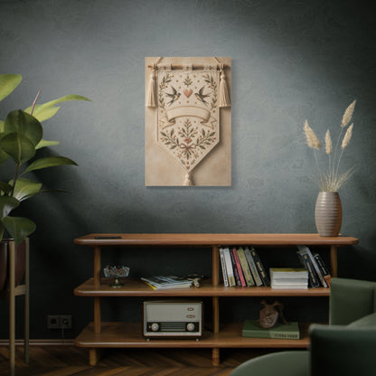 Hand-Embroidered Romantic Birds Textile Wall Art & Canvas Print
