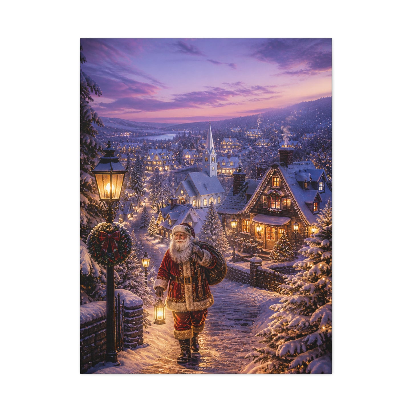 Snowy Village Santa Lantern Walk Wall Art & Canvas Print