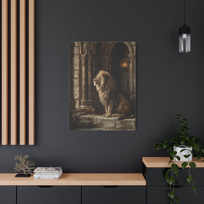 Lion in Ancient Stone Hall Royal Guardian Wall Art & Canvas Print