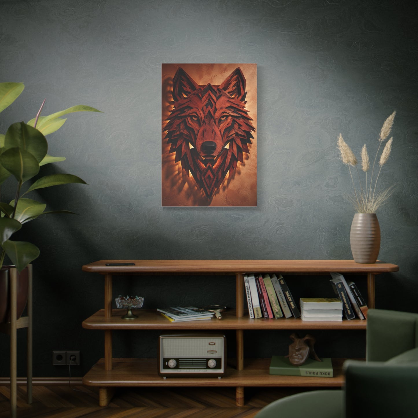 Geometric Carved Wood Wolf Head Sculpture Wall Art & Canvas Print