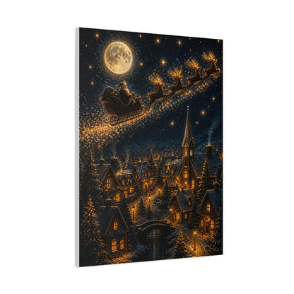 Moonlit Santa Sleigh Over Winter Village Wall Art & Canvas Print