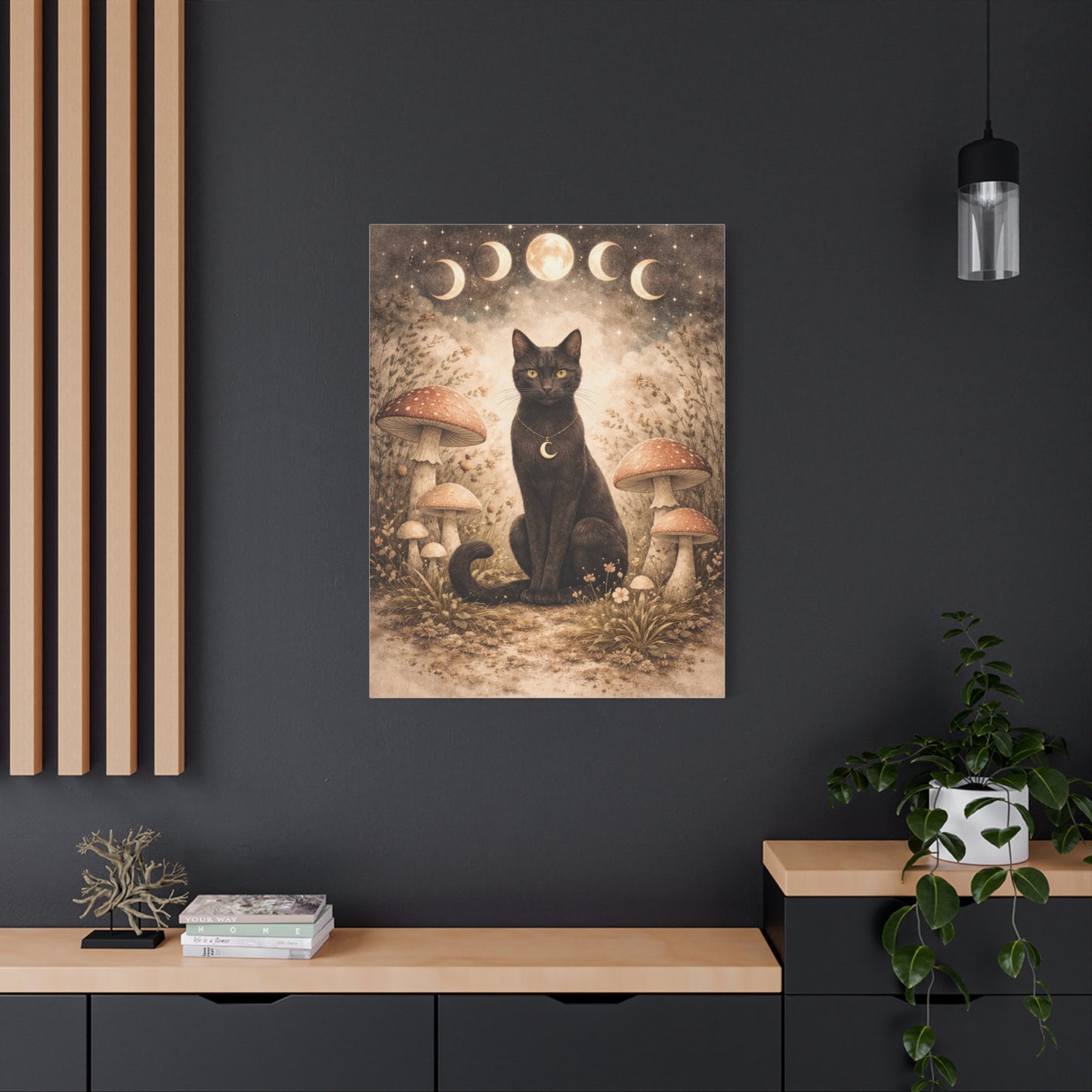 Mystical Boho Black Cat and Mushroom Night Scene Wall Art & Canvas Print