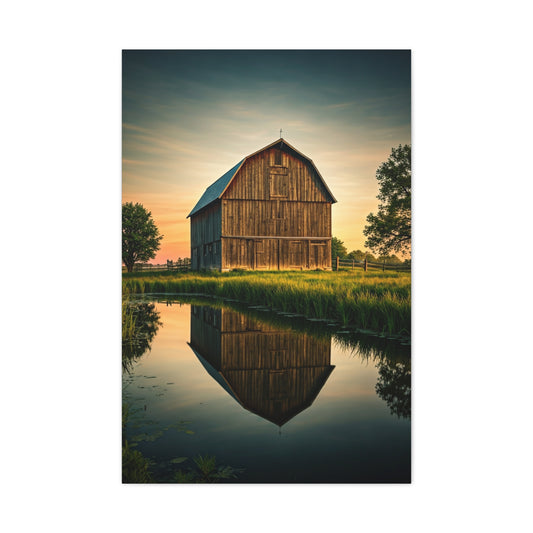 Reflected Barn in Tranquil Waters Wall Art & Canvas Prints