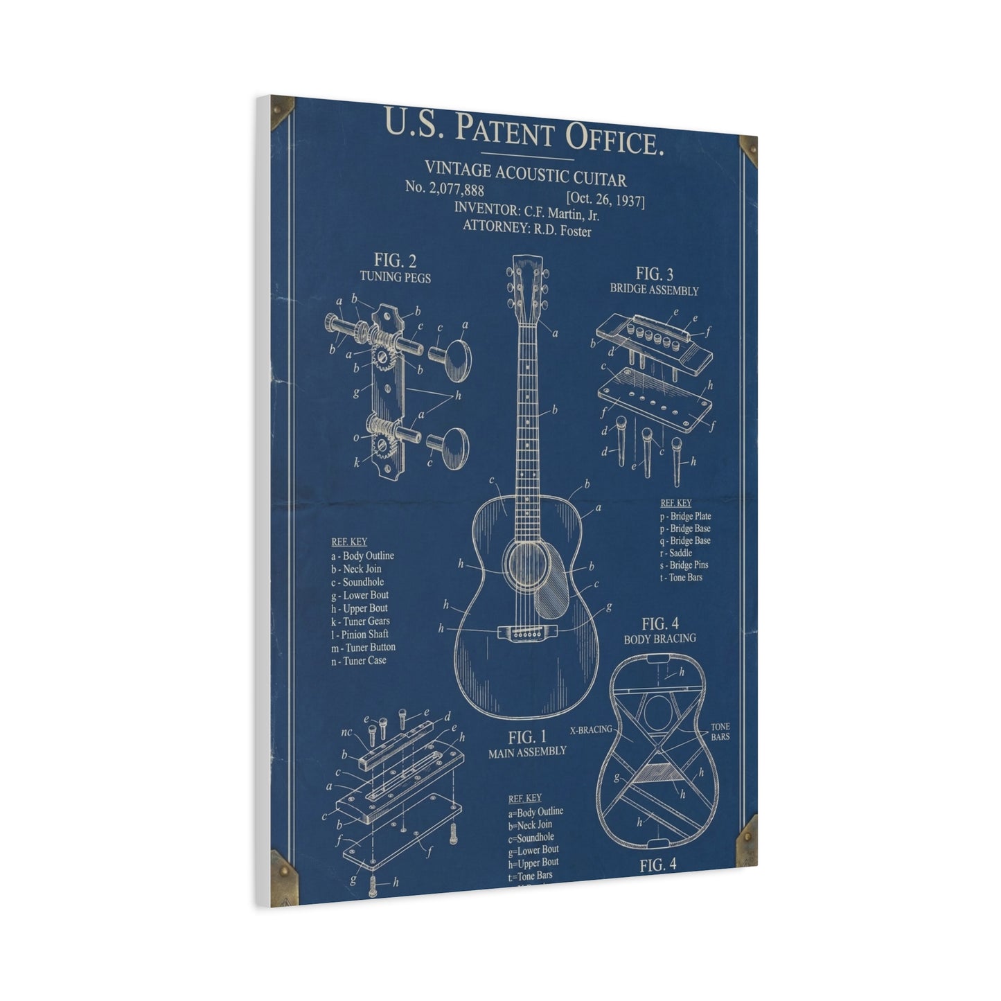 Vintage Acoustic Guitar Patent Blueprint Wall Art & Canvas Print