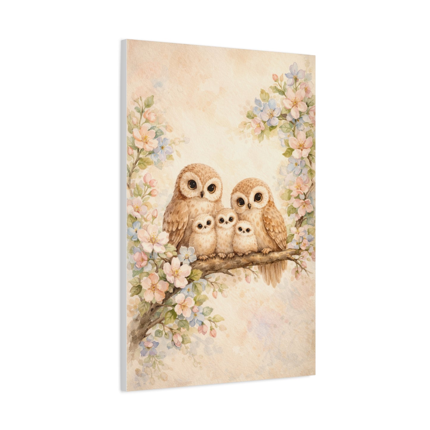 Whimsical Owl Family Blossom Scene Wall Art & Canvas Print