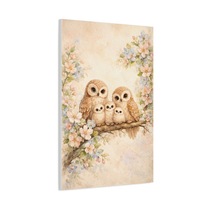 Whimsical Owl Family Blossom Scene Wall Art & Canvas Print