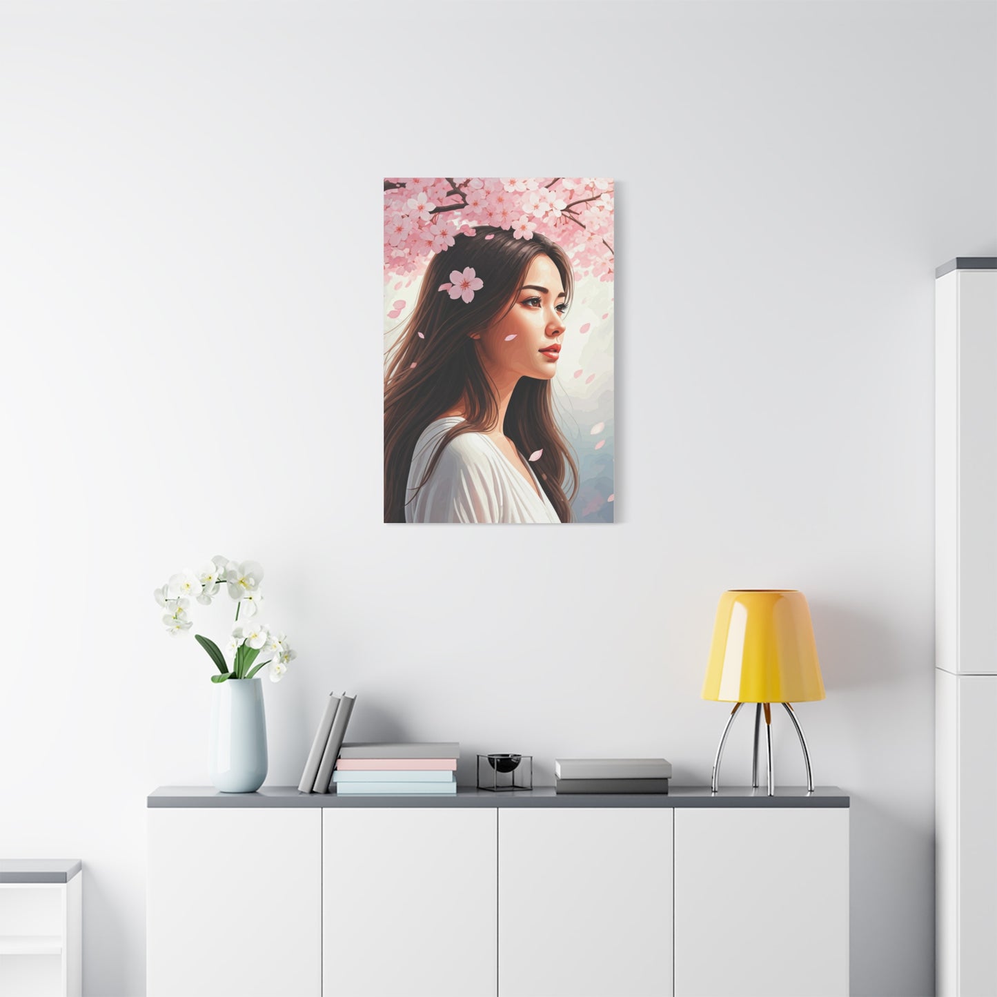 Woman Beneath Falling Cherry Blossoms Wall Art & Canvas Prints