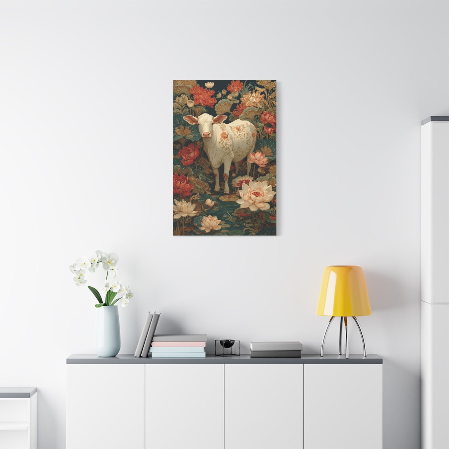 Pichwai White Cow Lotus Garden Wall Art & Canvas Print