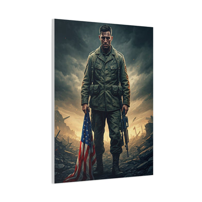 Soldier Standing With Flag of Courage Wall Art & Canvas Prints