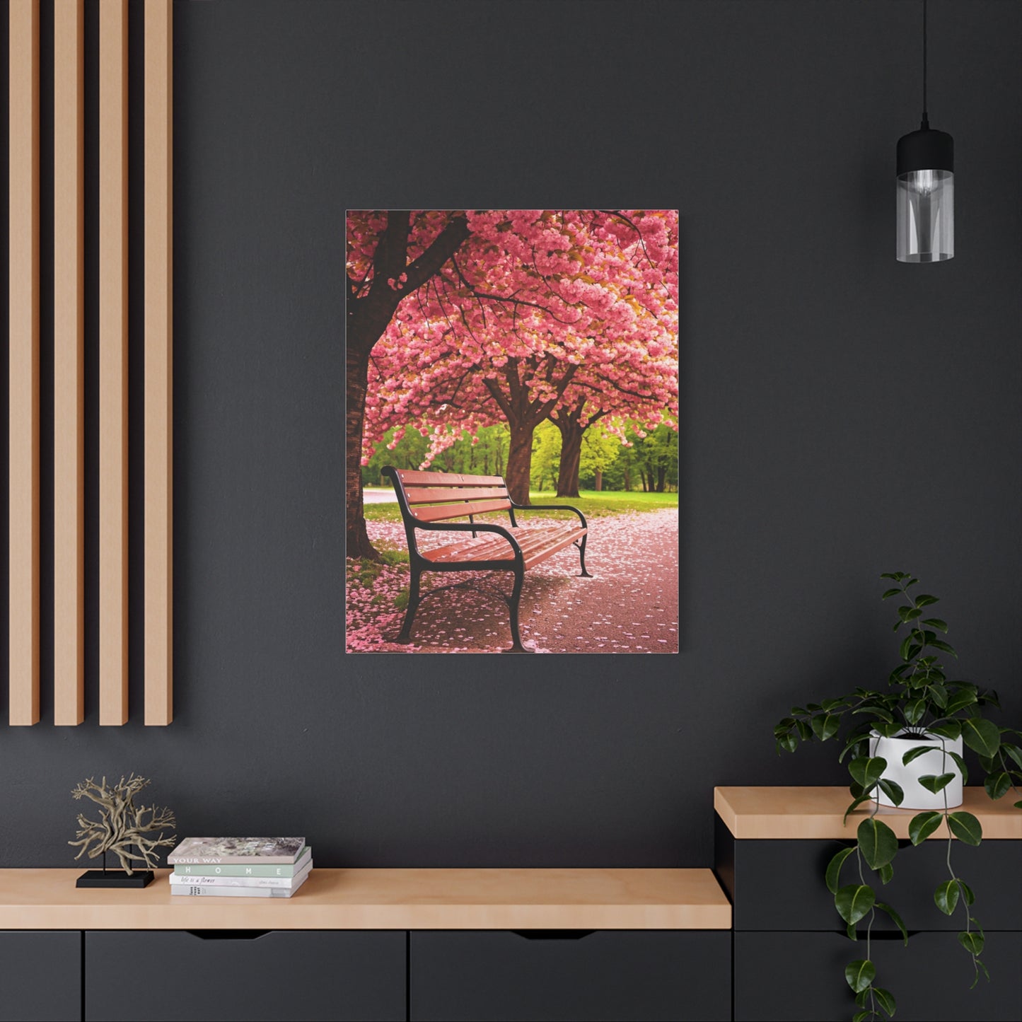 Cherry Blossom Park Bench Serenity Wall Art & Canvas Prints