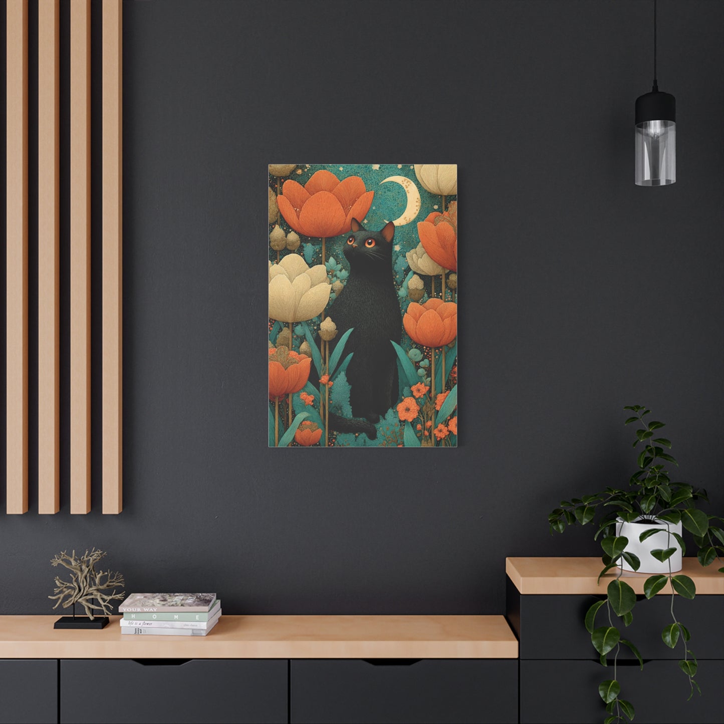 Folk Black Cat Garden Wall Art & Canvas Print