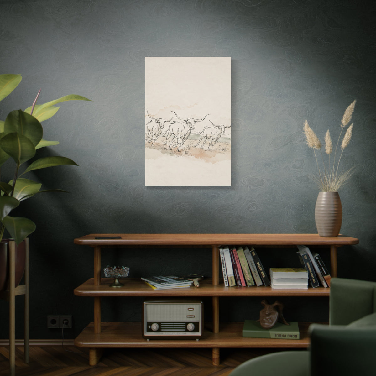 Running Longhorn Line Sketch Panorama Wall Art & Canvas Print