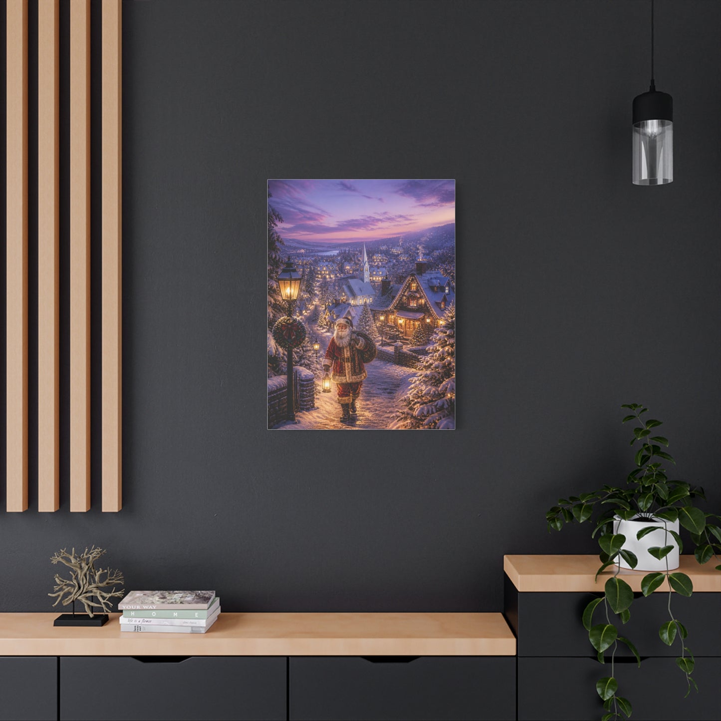 Snowy Village Santa Lantern Walk Wall Art & Canvas Print