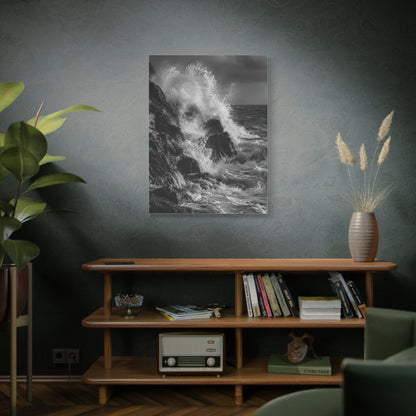 Monochrome Ocean Impact Rock Scene Wall Art & Canvas Print
