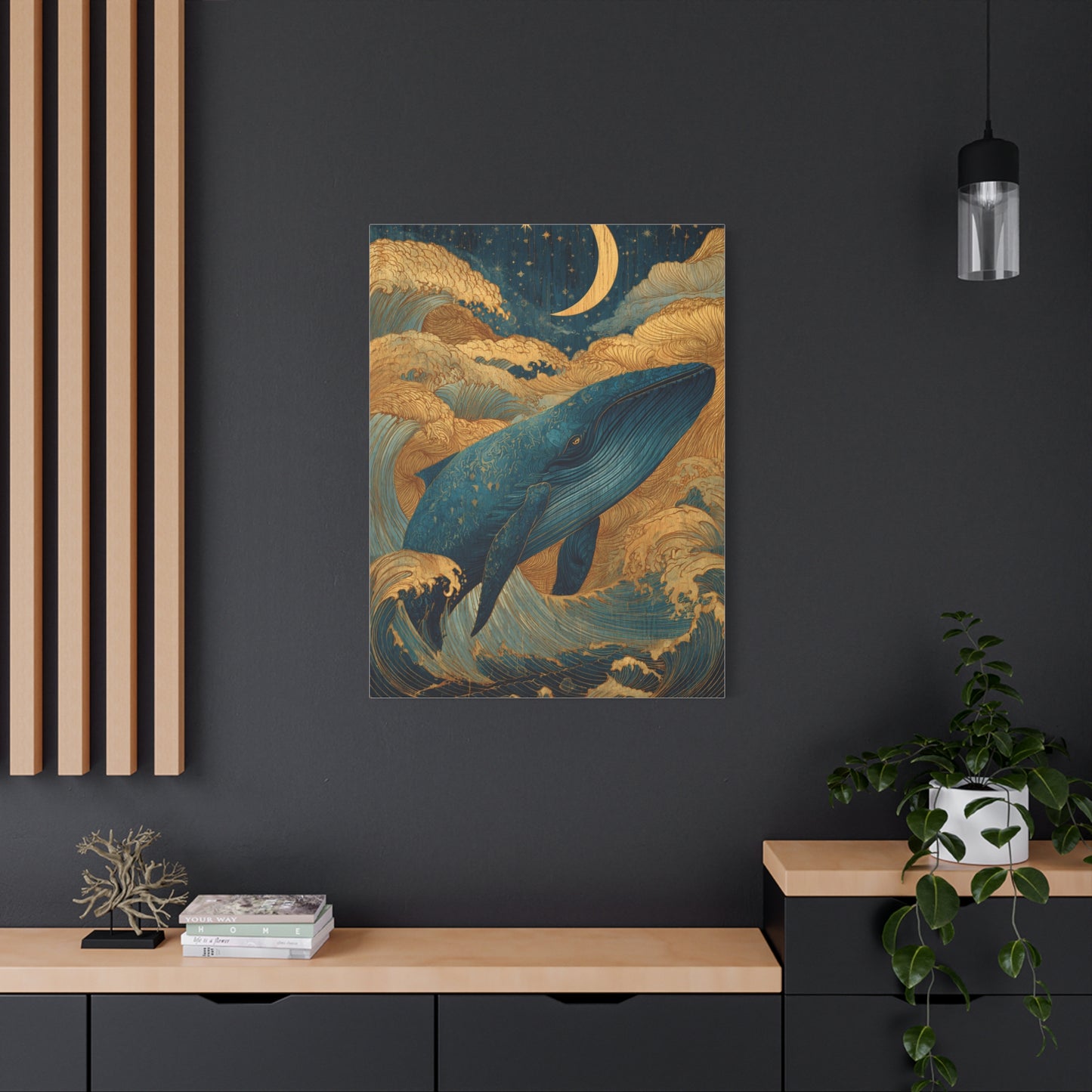 Folk Whale Moonlit Ocean Wall Art & Canvas Print