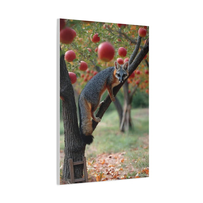 Orchard Gray Fox Climbing Apple Tree Wall Art & Canvas Print