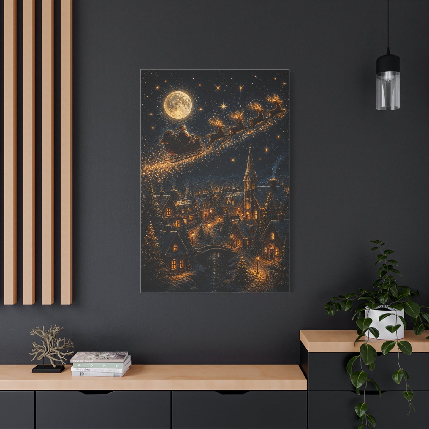 Moonlit Santa Sleigh Over Winter Village Wall Art & Canvas Print