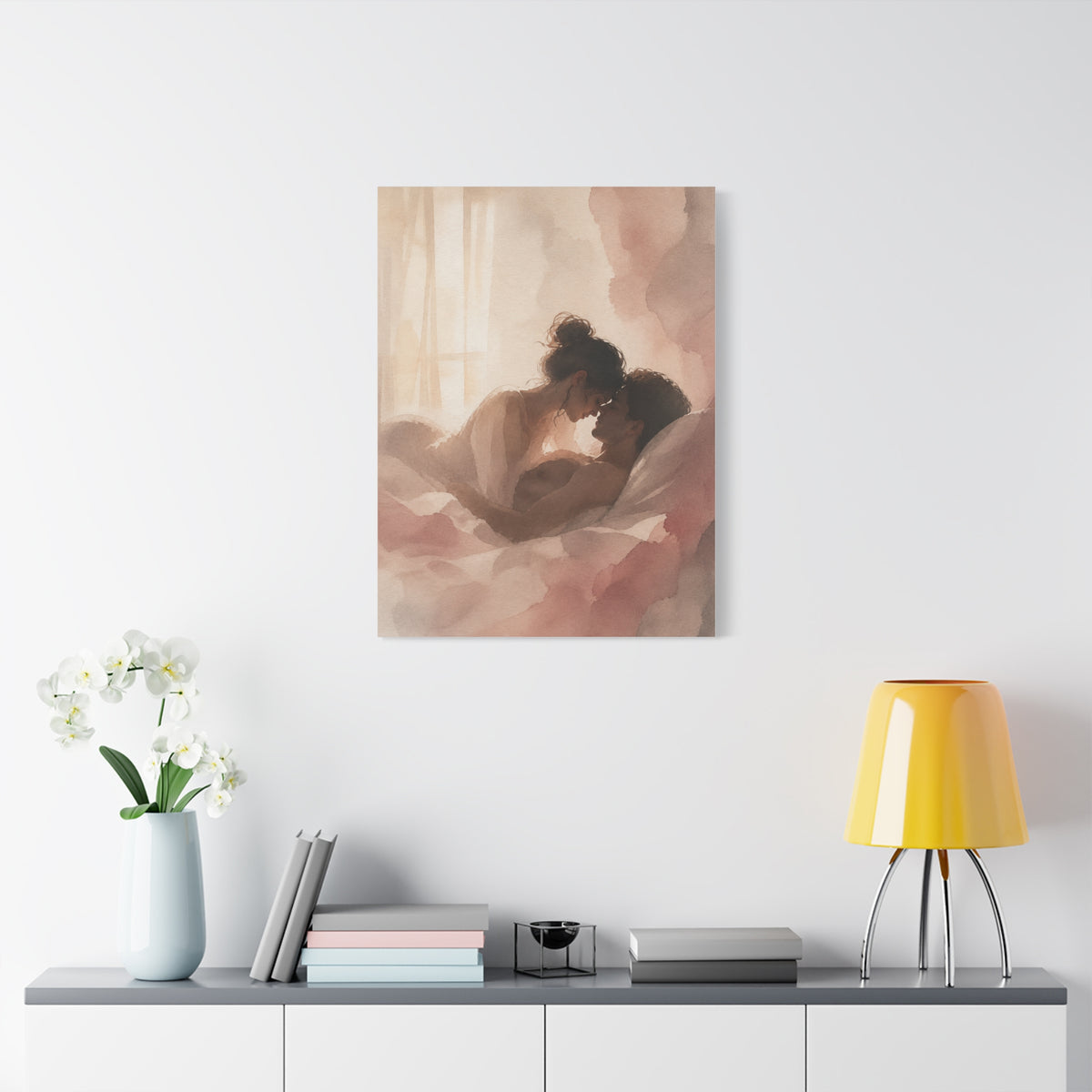 Soft Watercolor Lovers Sunrise Embrace Wall Art & Canvas Print