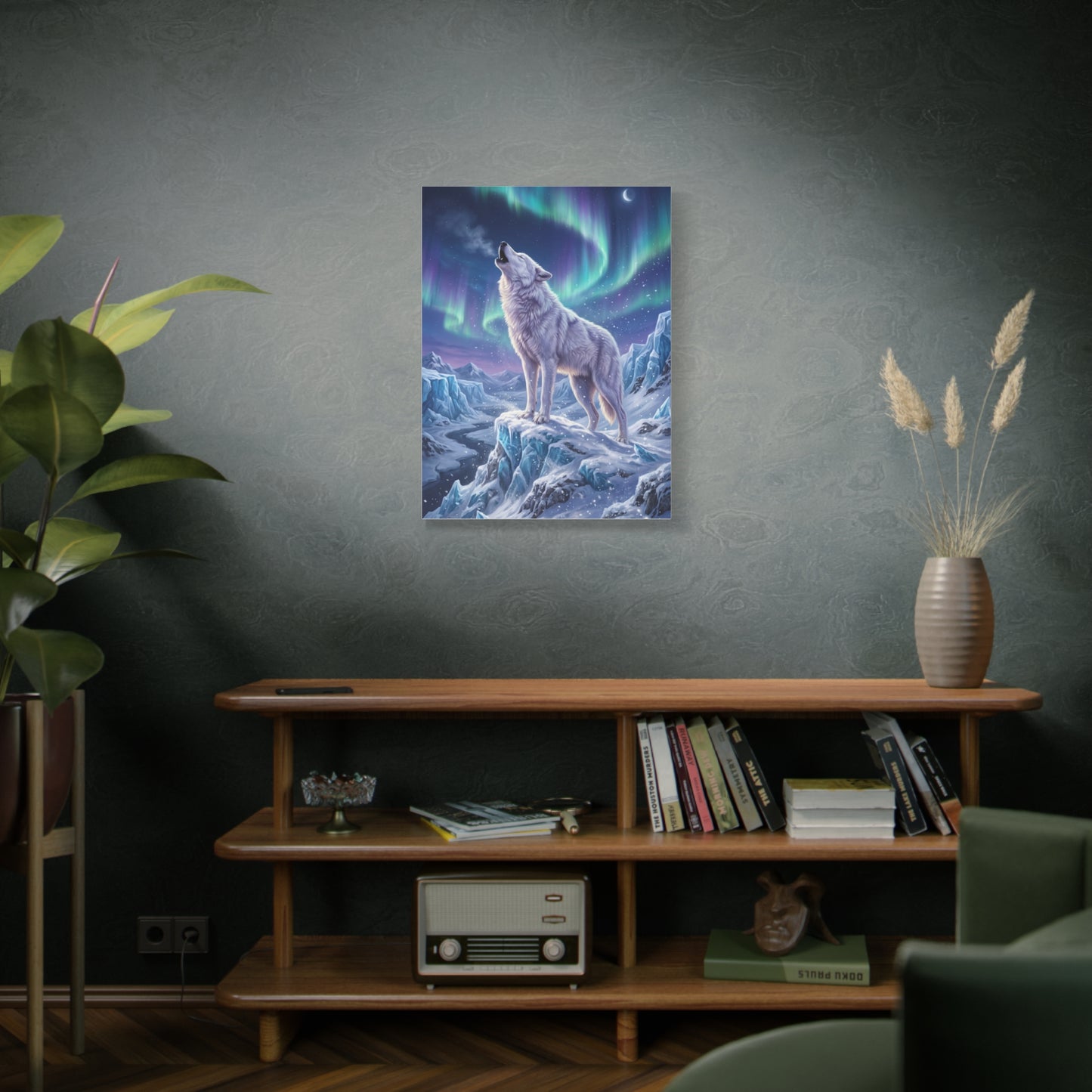 Arctic Wolf Aurora Borealis Scene Wall Art & Canvas Print