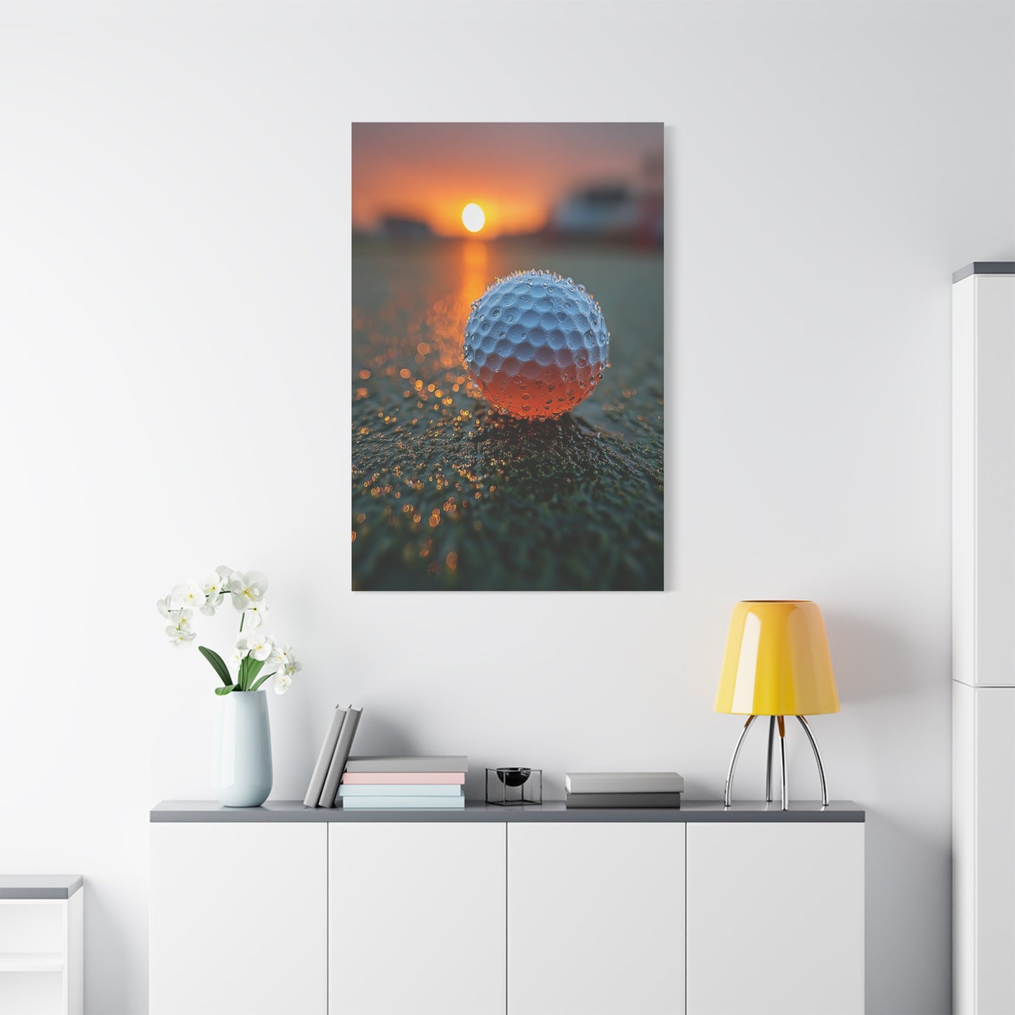 Dew-Covered Golf Ball Sunrise Macro Wall Art & Canvas Print