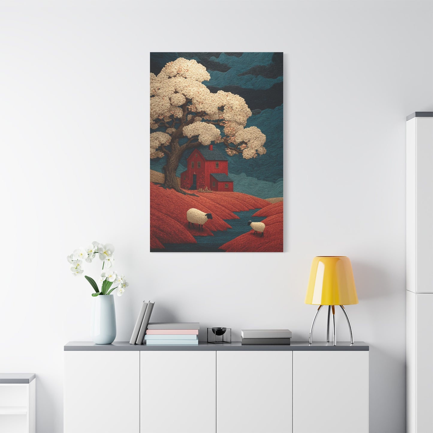 Primitive Farmhouse Sheep Folk Scene Wall Art & Canvas Print