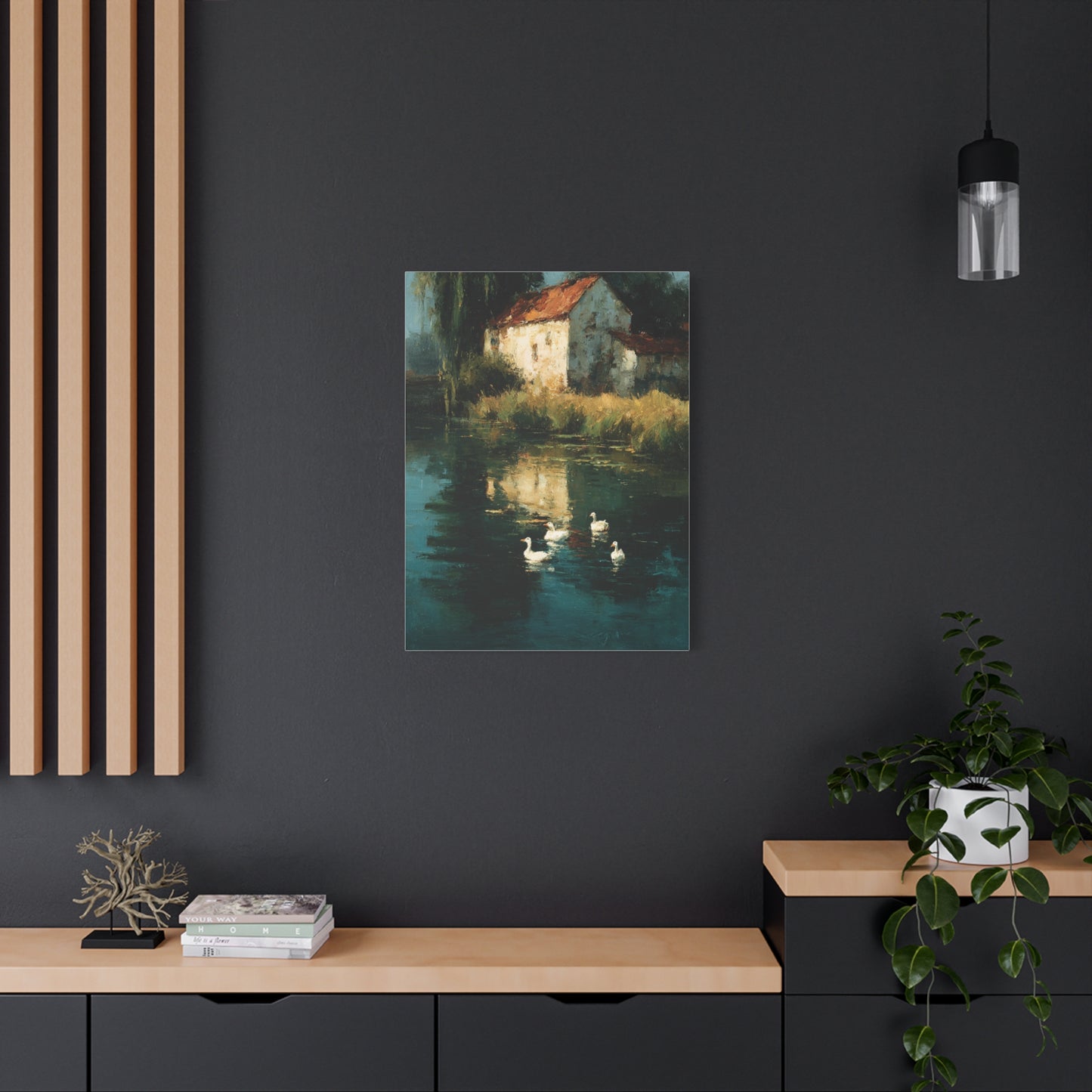 Farmhouse Pond with Ducks Reflection Wall Art & Canvas Print
