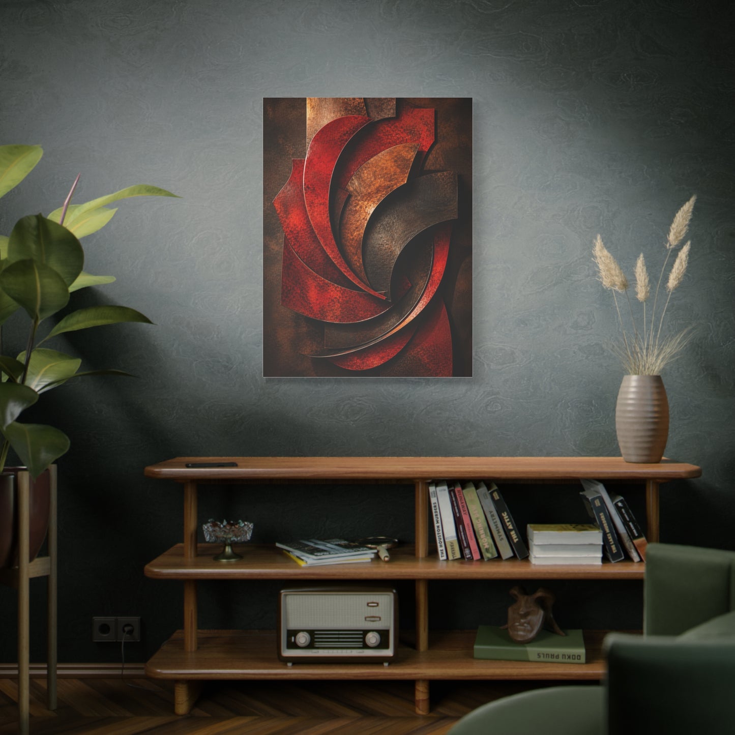 Sculptural Red Metal Wave Composition Wall Art & Canvas Print