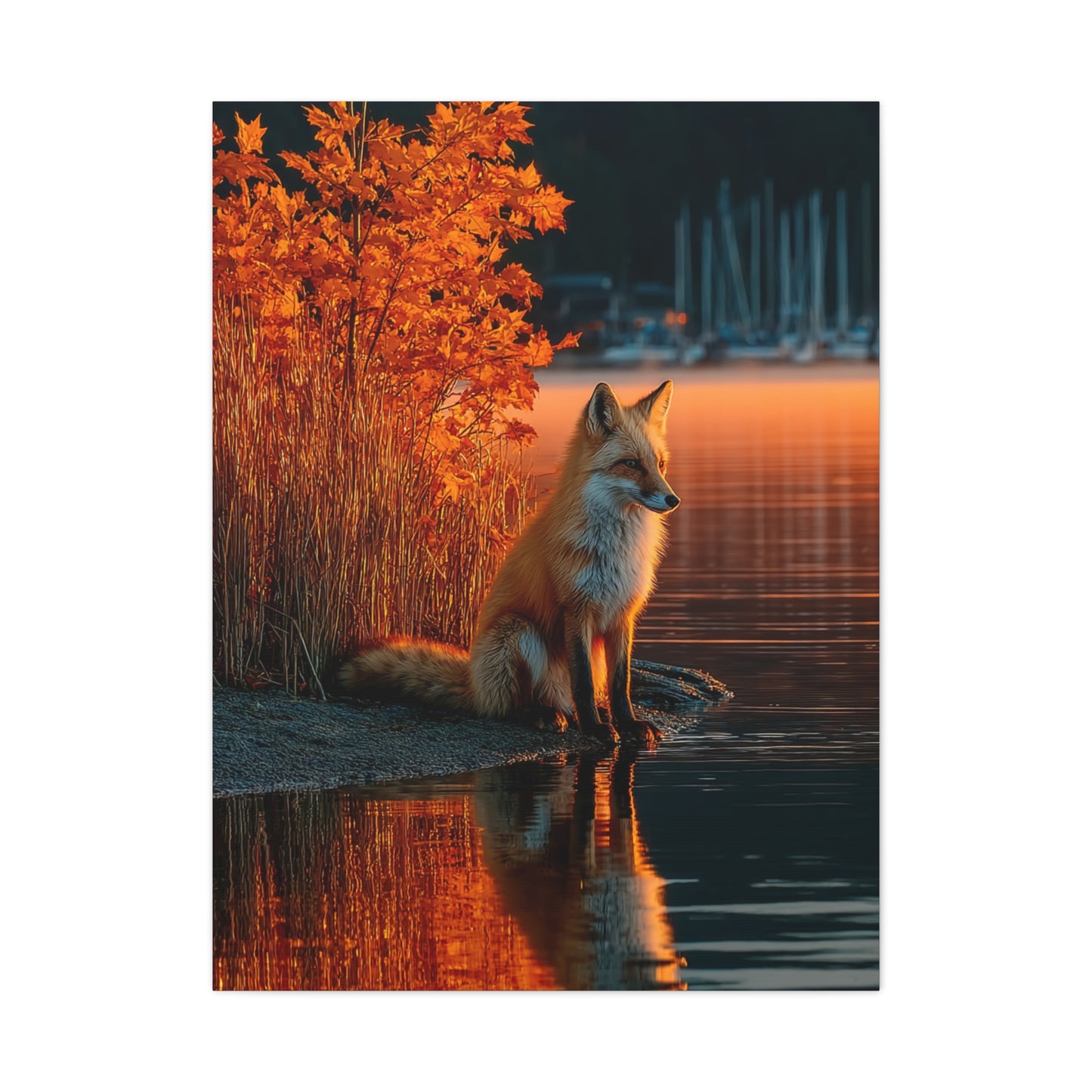 Autumn Lakeside Fox Reflection Wall Art & Canvas Print