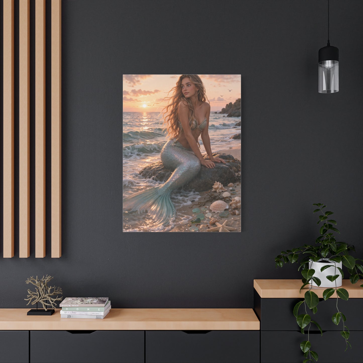 Golden Sunset Shore Mermaid Wall Art & Canvas Print