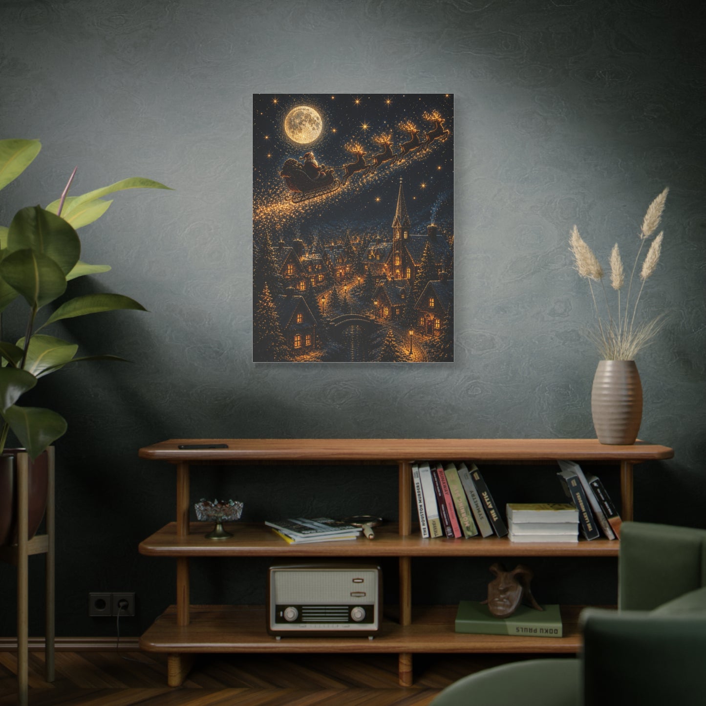 Moonlit Santa Sleigh Over Winter Village Wall Art & Canvas Print