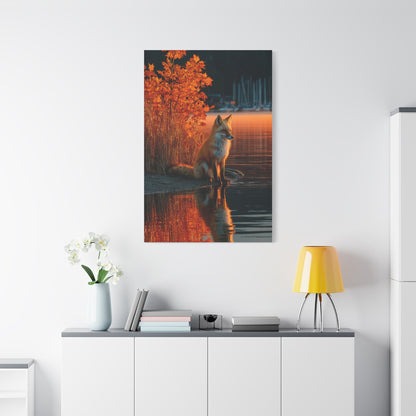 Autumn Lakeside Fox Reflection Wall Art & Canvas Print