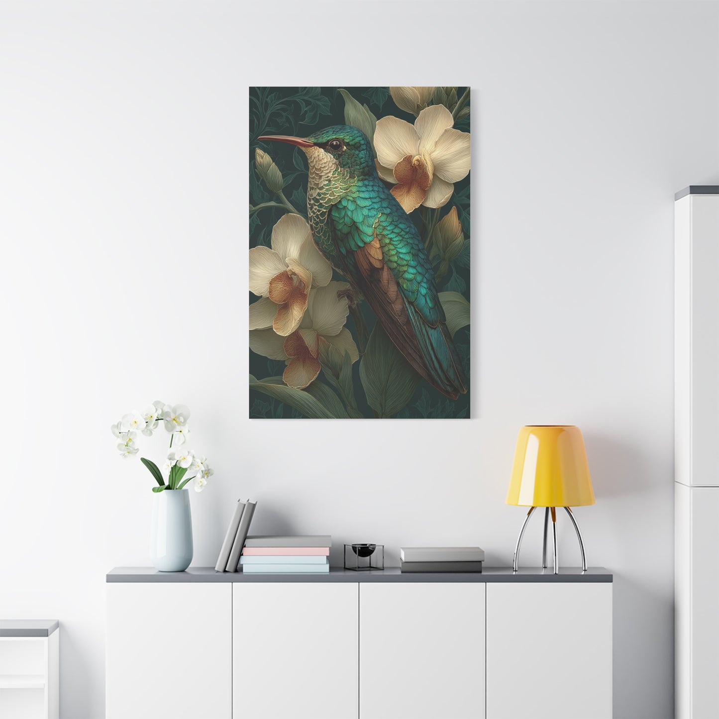 Emerald Hummingbird Botanical Portrait Wall Art & Canvas Print
