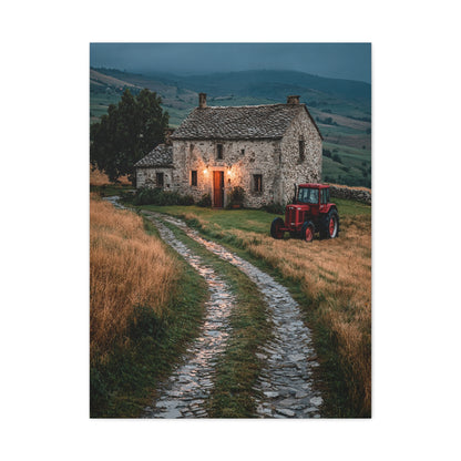 Stone Farmhouse with Red Tractor Landscape Wall Art & Canvas Print