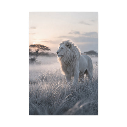 White Lion in Misty Savanna Dawn Wall Art & Canvas Print
