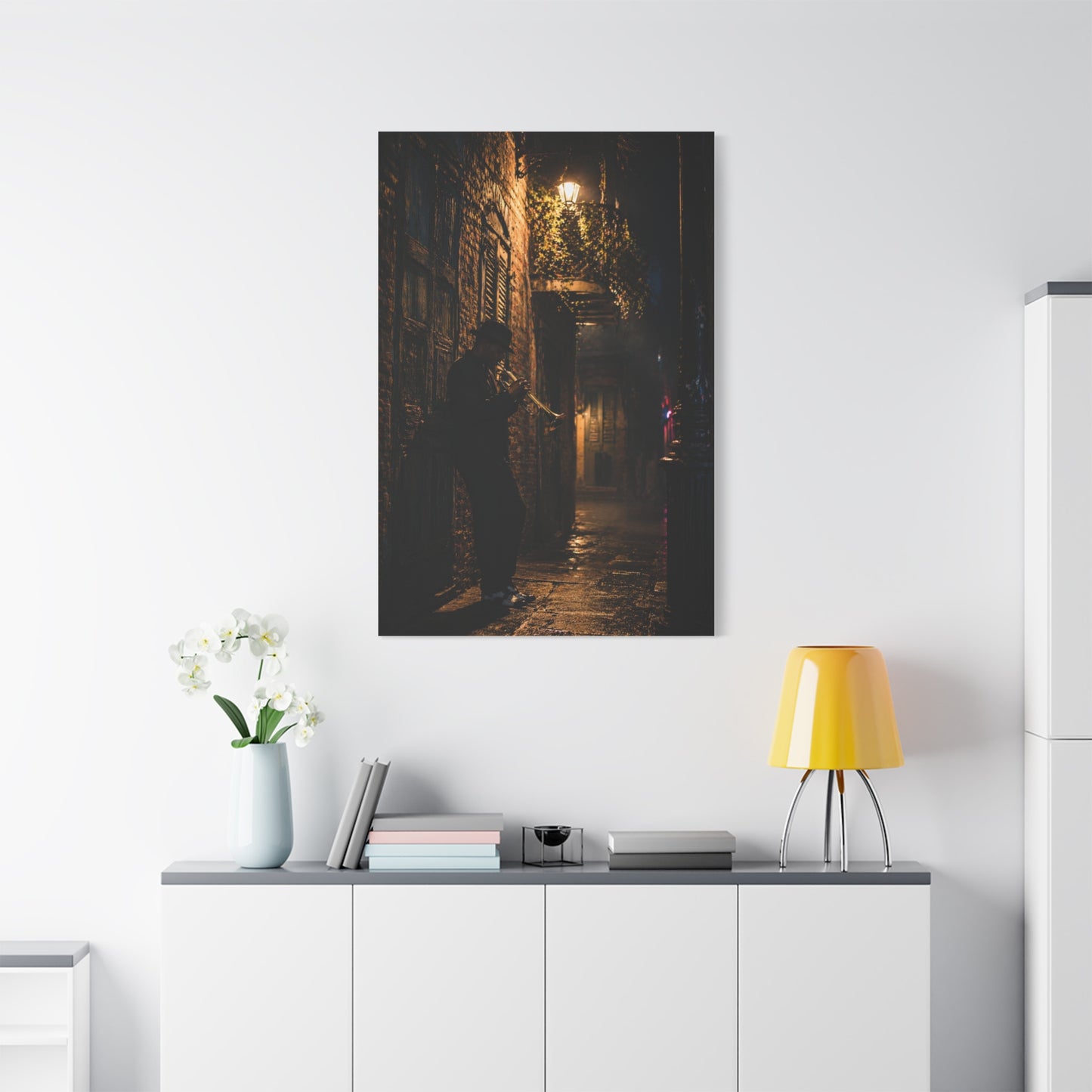 French Quarter Alley Trumpet Scene Wall Art & Canvas Print