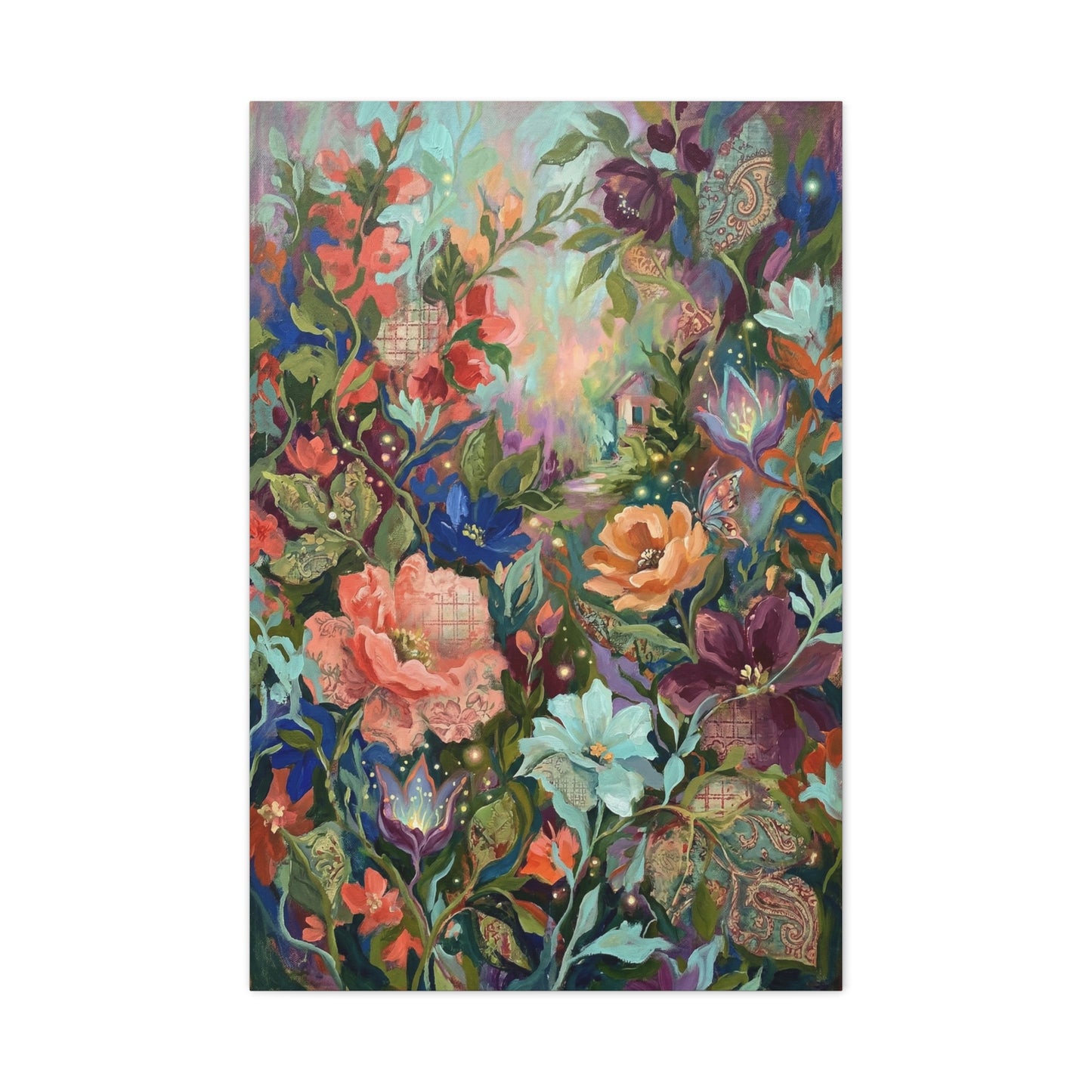 Enchanted Floral Garden & Fireflies Wall Art & Canvas Print