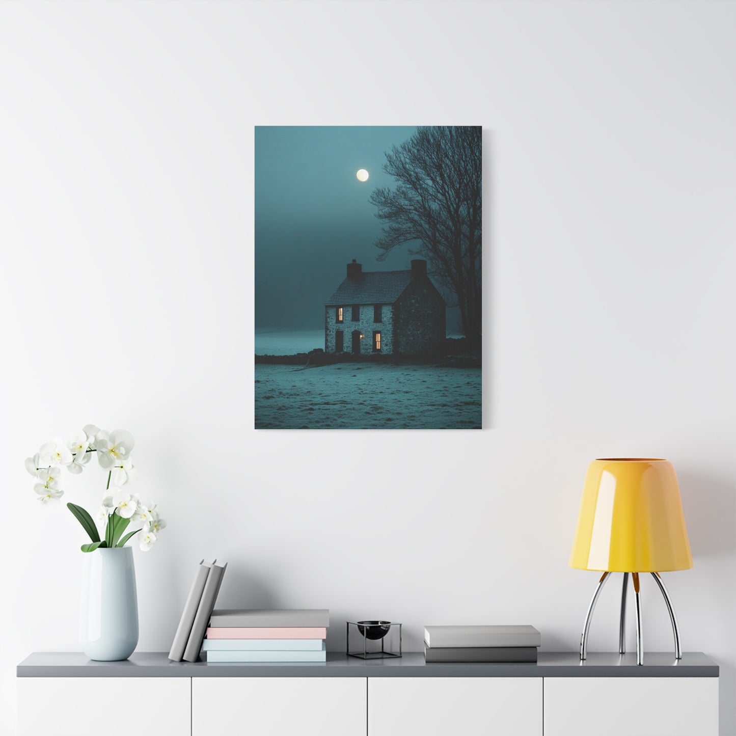 Gothic Farmhouse Moonlight Scene Wall Art & Canvas Print