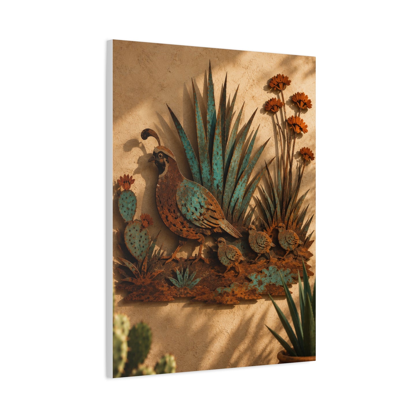 Quail Family Metal Relief Southwest Wall Art & Canvas Print