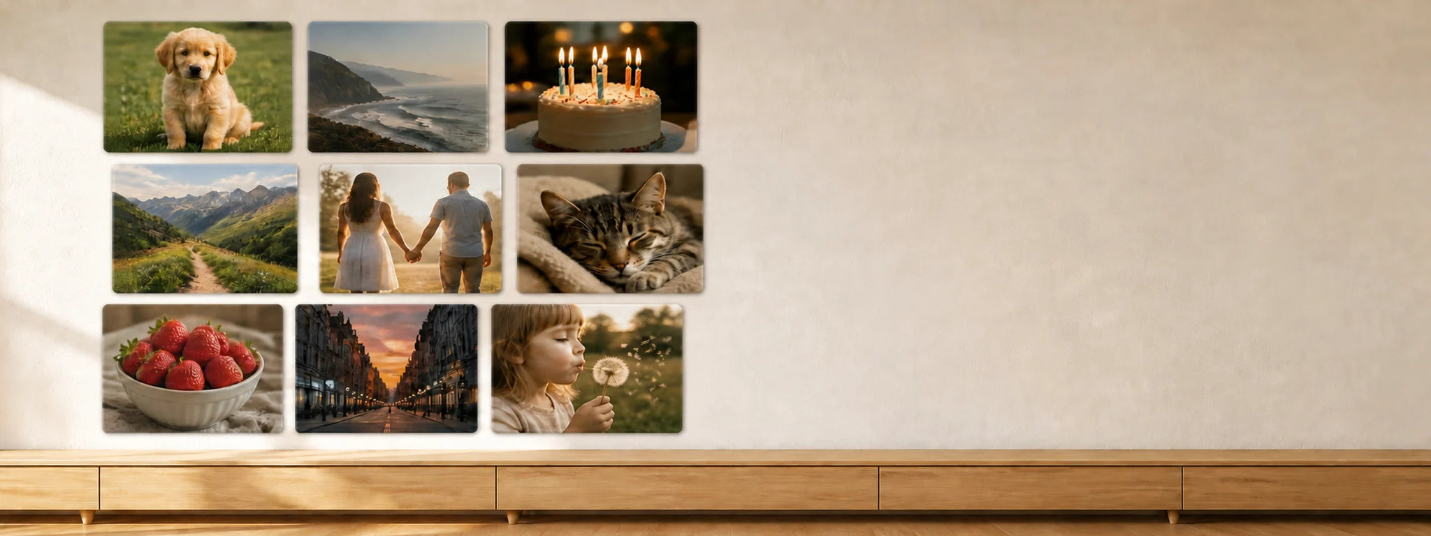 Nine square photo tiles in a grid on a cream wall above an oak sideboard